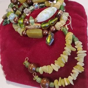 Jade Ankh Bronze Faux Pearls Glass Olive Green Jade Memory Wire Bracelet Earring